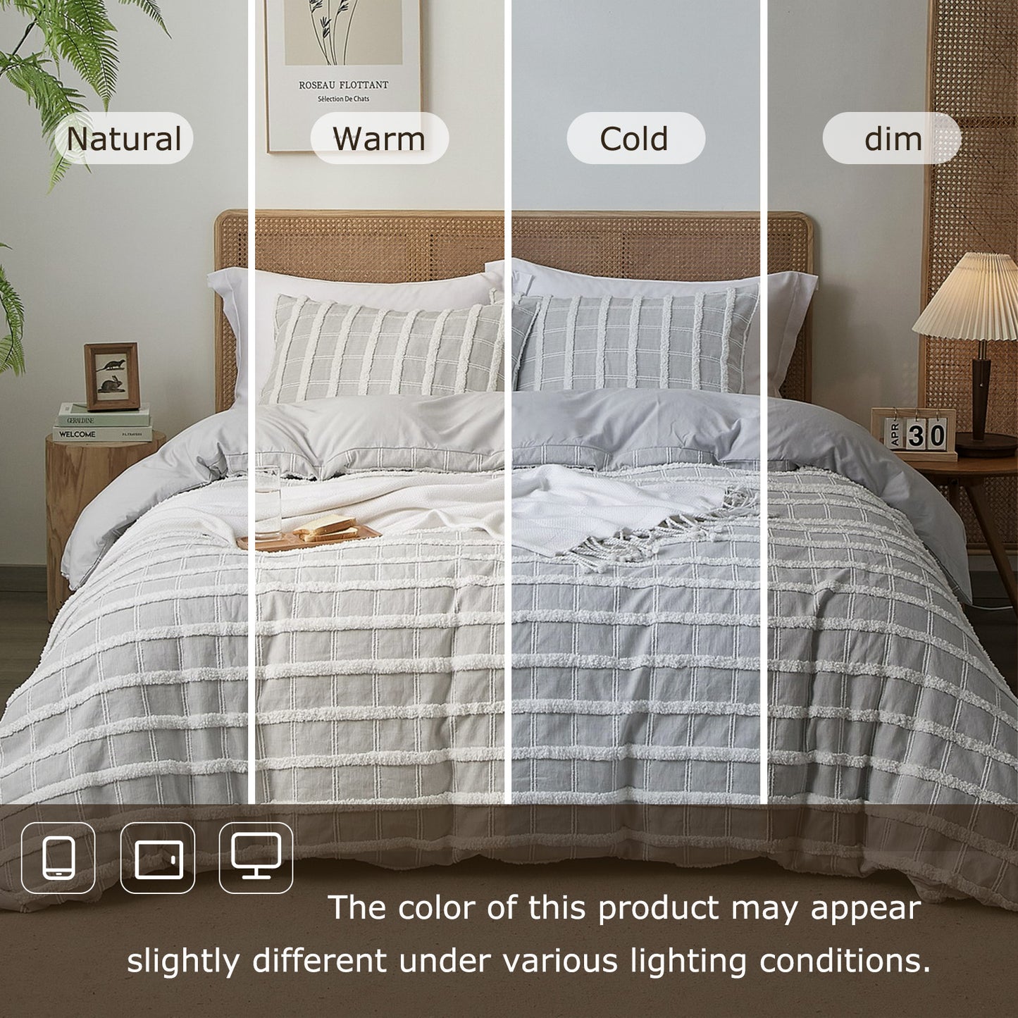 Grey and White Stripes Tufted Duvet Cover Set