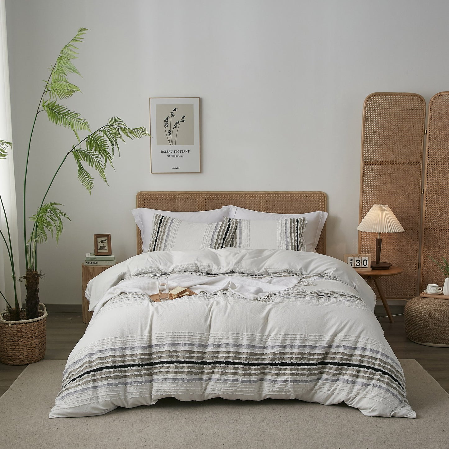 Black and Gray Stripes Tufted Duvet Cover Set