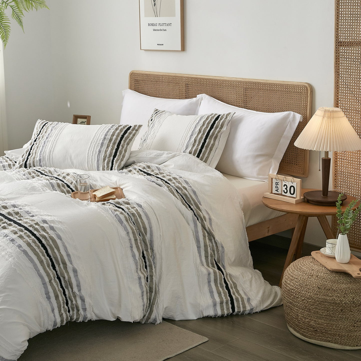 Black and Gray Stripes Tufted Duvet Cover Set