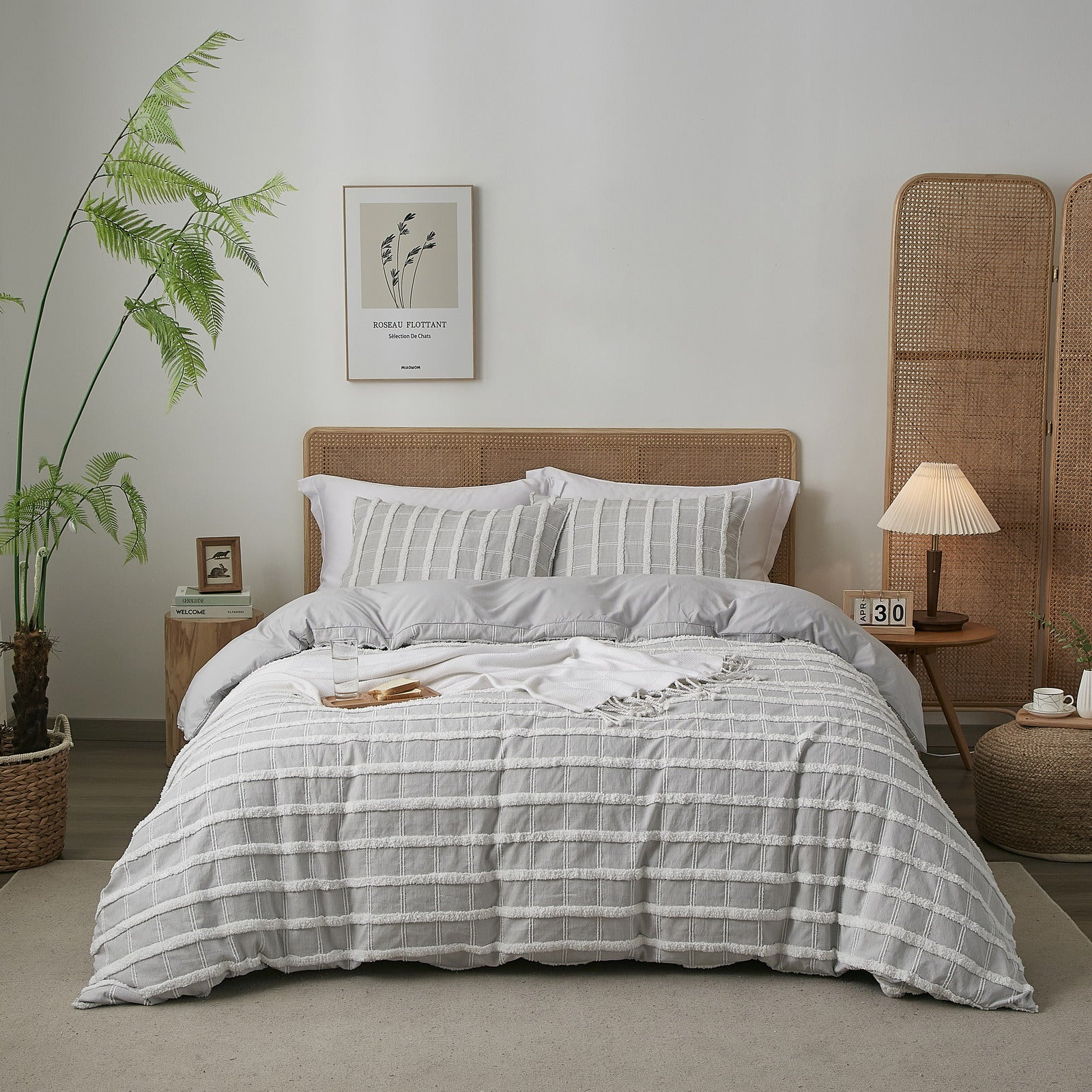 Grey and White Stripes Tufted Duvet Cover Set