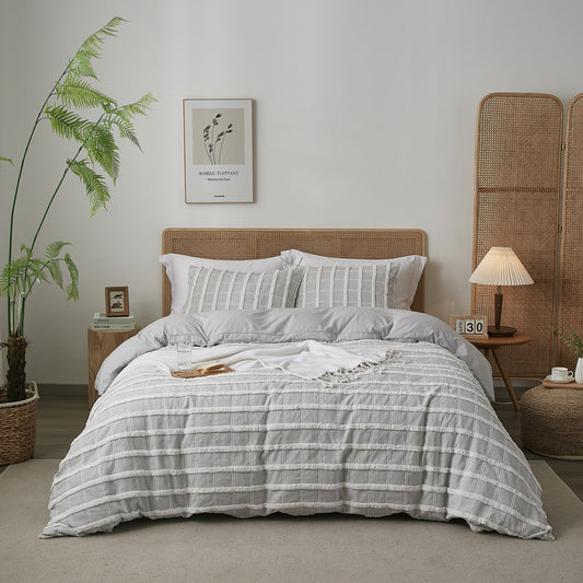 Grey and White Stripes Tufted Duvet Cover Set