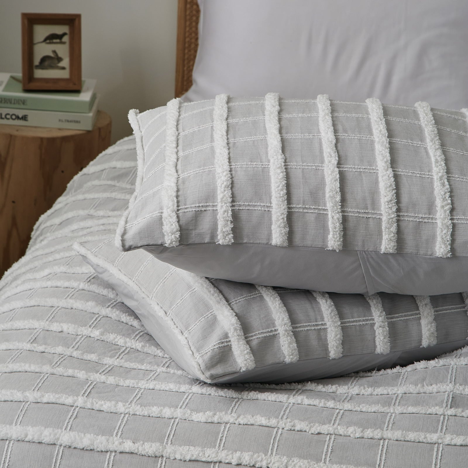 Grey and White Stripes Tufted Duvet Cover Set