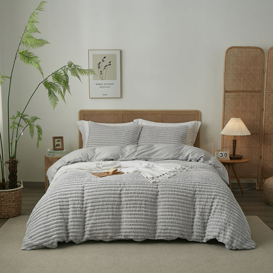 Grey Stripes Tufted Duvet Cover Set