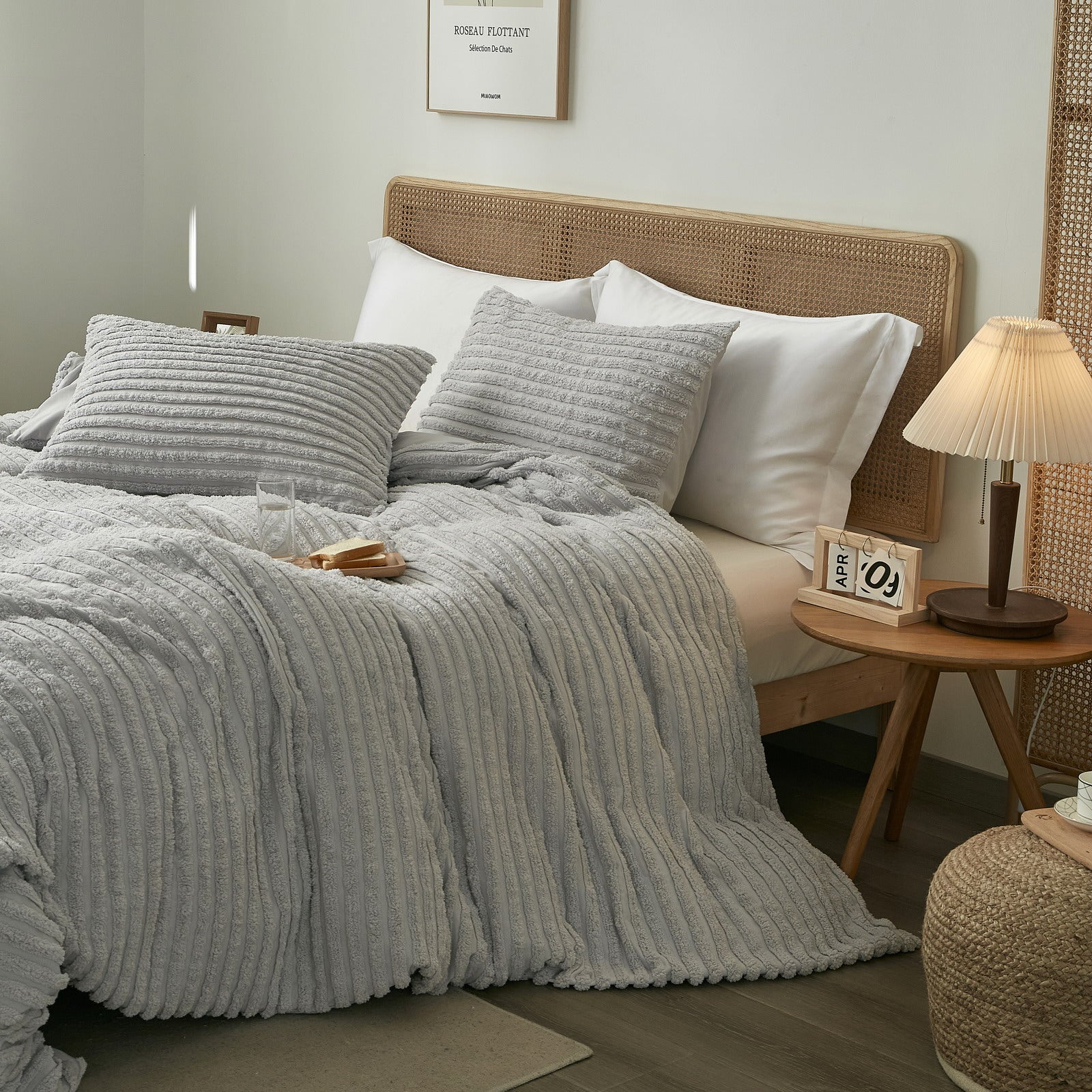 Grey Stripes Tufted Duvet Cover Set